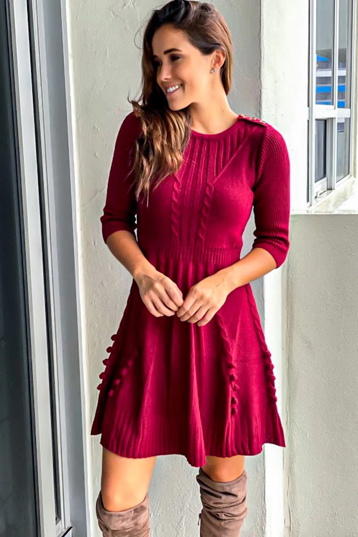 Burgundy Sweater Dress With Button Detail