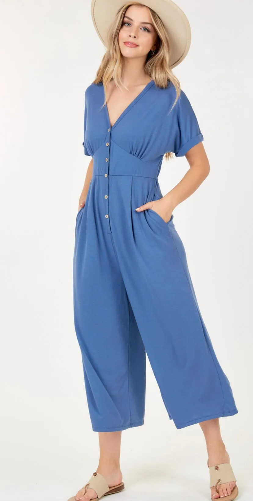 Button up cuff sleeve jumpsuit