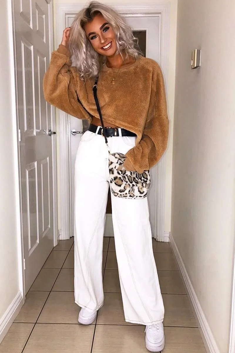 Camel Fluffy Long Sleeve Crop Jumper - Noura