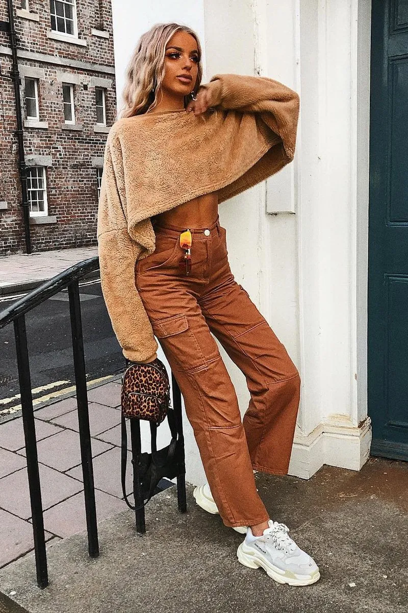 Camel Fluffy Long Sleeve Crop Jumper - Noura