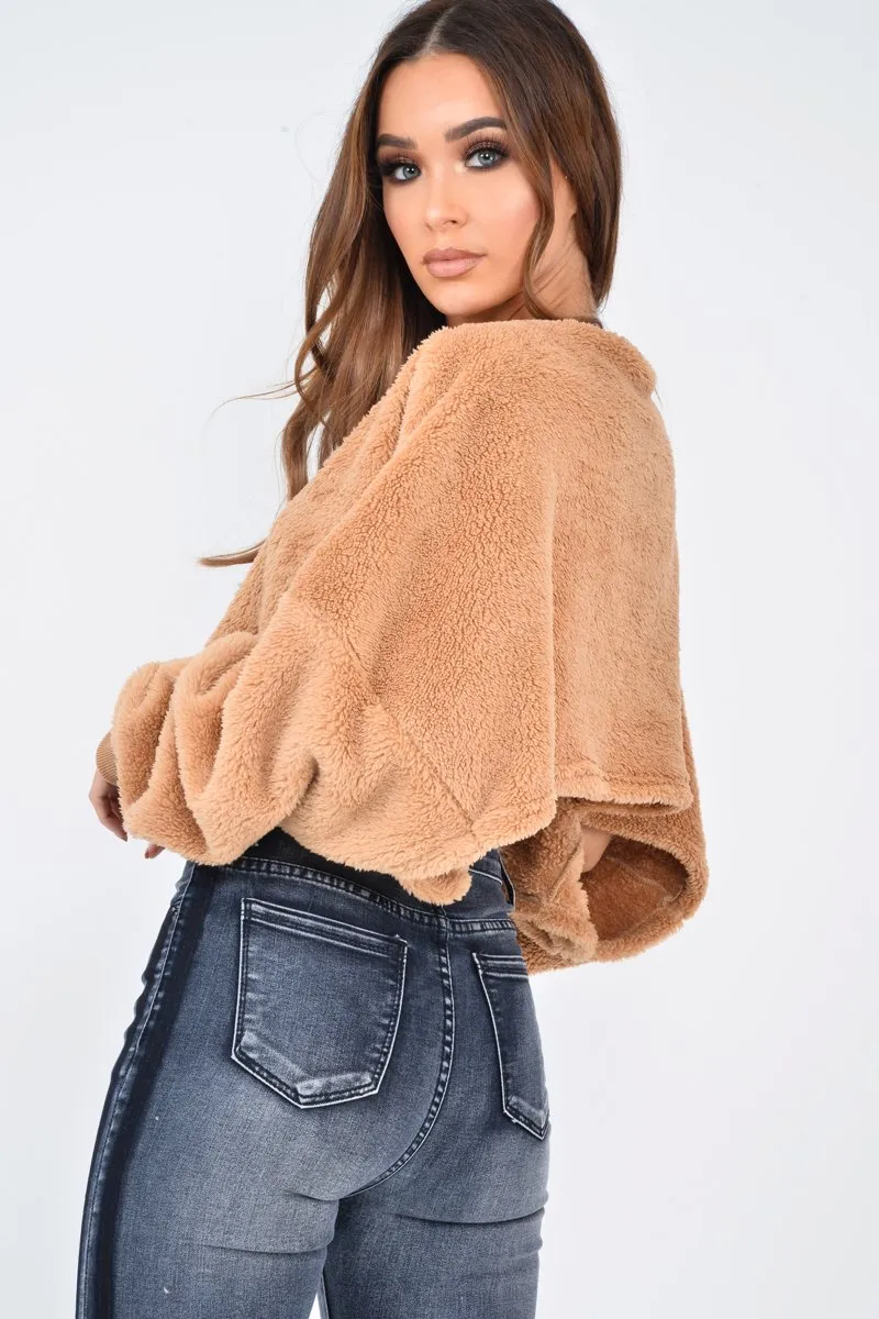 Camel Fluffy Long Sleeve Crop Jumper - Noura