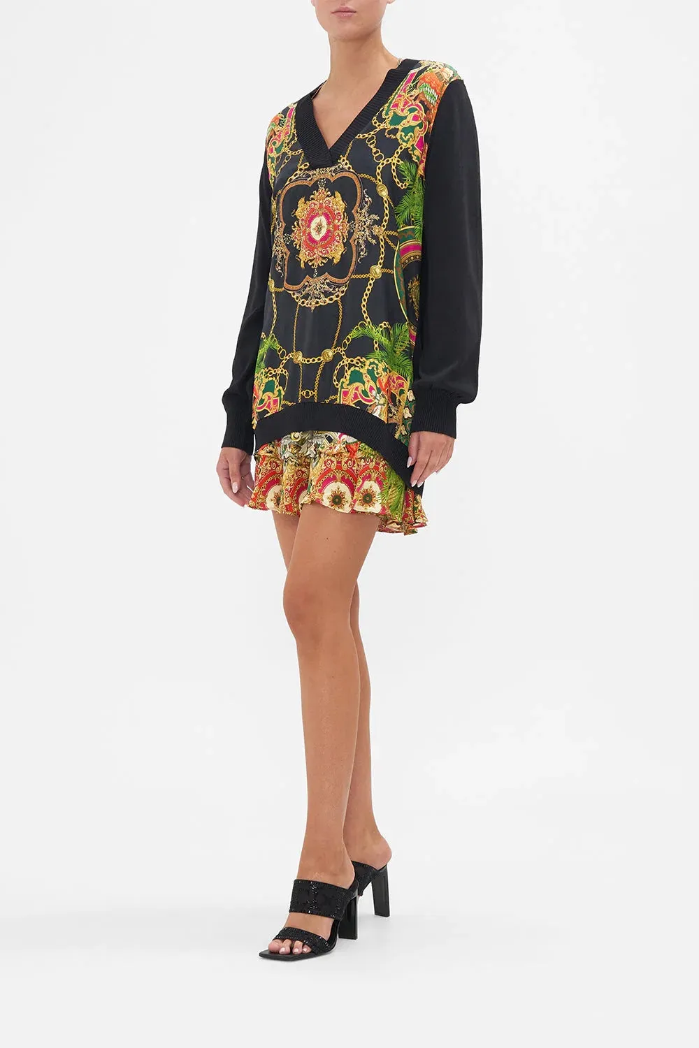 CAMILLA JEALOUSY AND JEWELS V NECK SILK FRONT JUMPER