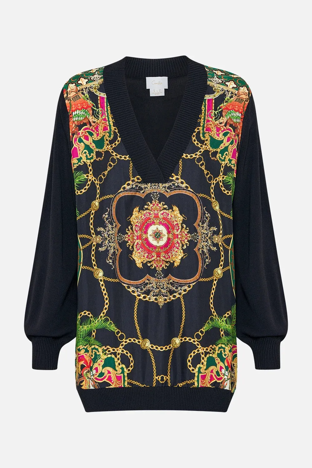 CAMILLA JEALOUSY AND JEWELS V NECK SILK FRONT JUMPER