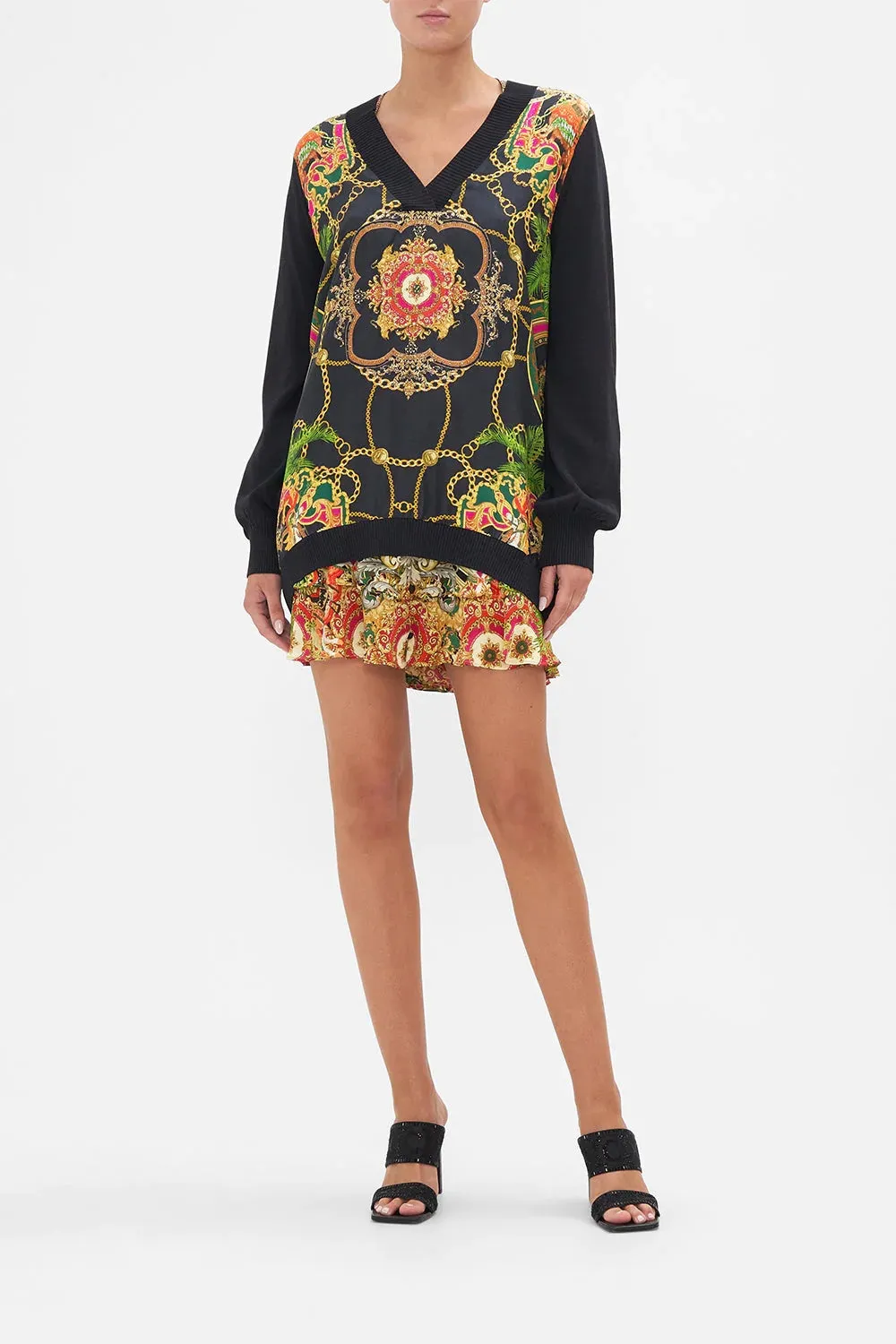 CAMILLA JEALOUSY AND JEWELS V NECK SILK FRONT JUMPER