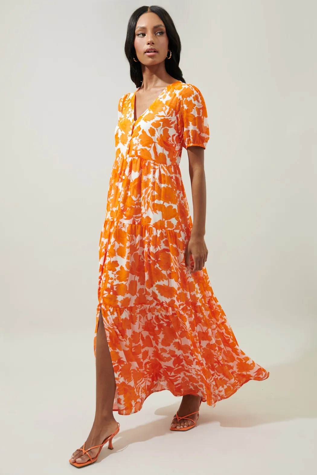 Capri Floral Tiered Orange and White Maxi Dress