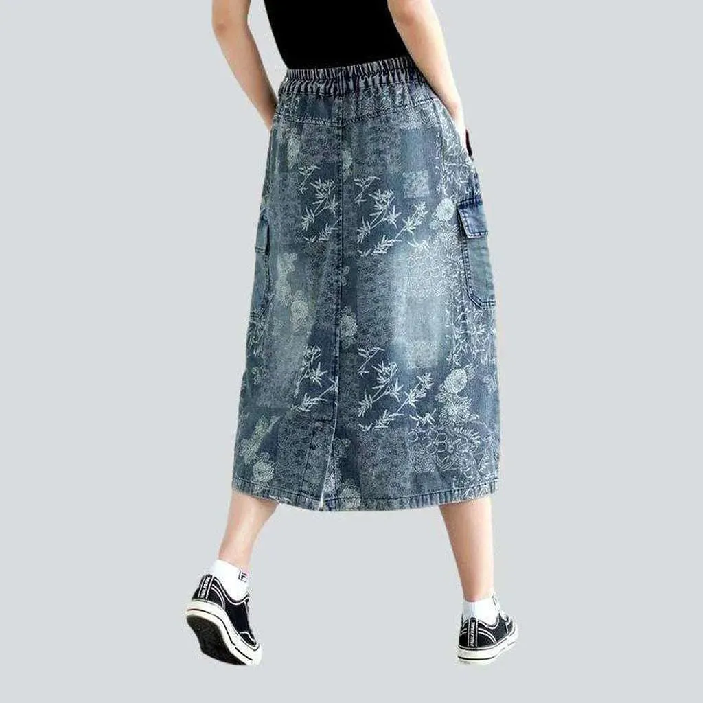 Cargo floral print denim skirt