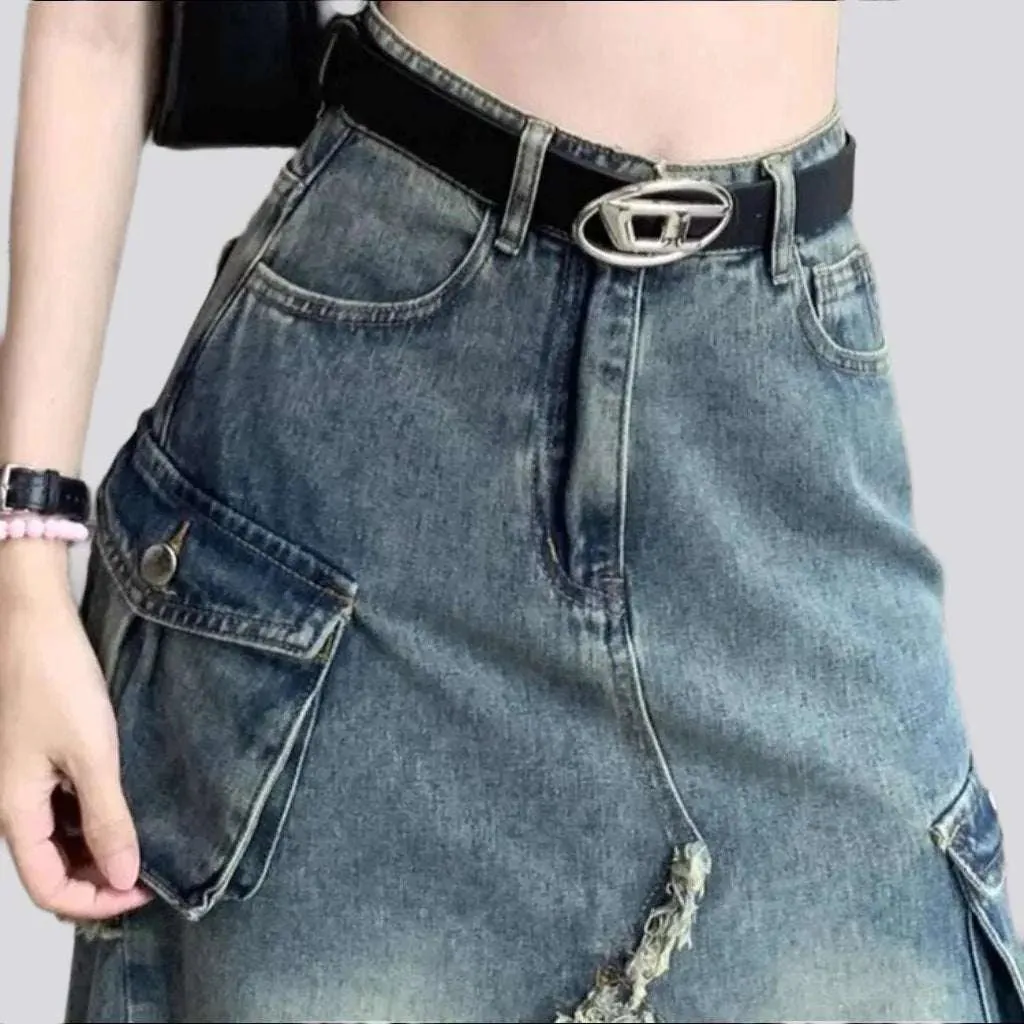 Cargo long women's denim skirt