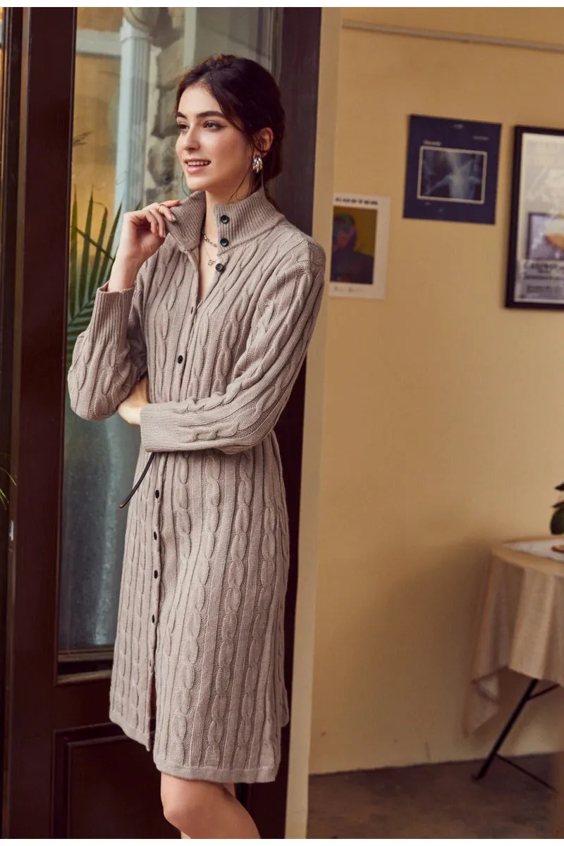 Casual Solid Sweater Cozy Long Sleeve Button High Street Knitted Dress