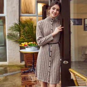 Casual Solid Sweater Cozy Long Sleeve Button High Street Knitted Dress