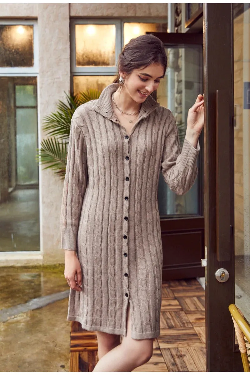 Casual Solid Sweater Cozy Long Sleeve Button High Street Knitted Dress