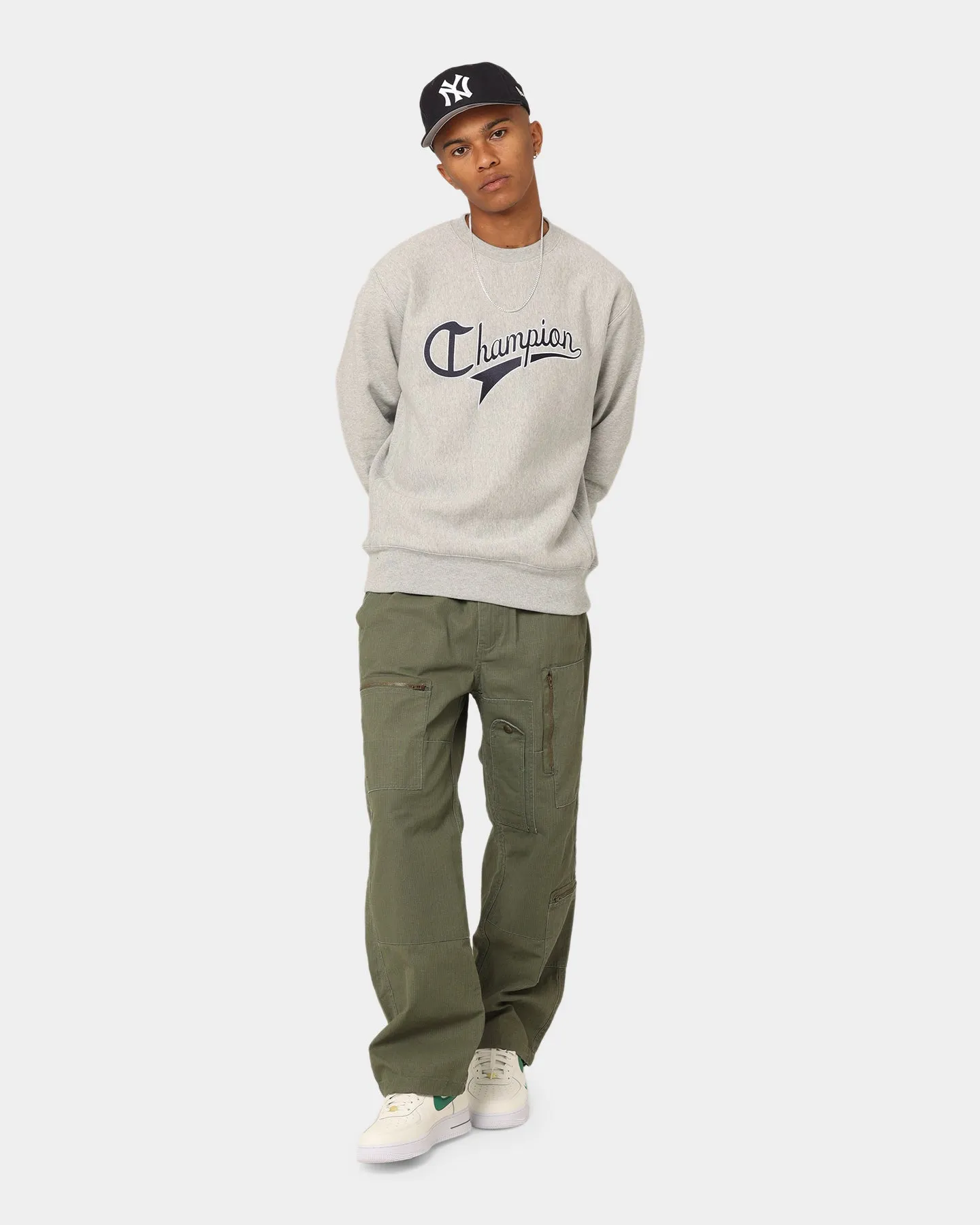 Champion Reverse Weave Cursive Logo Crewneck Oxford Heather