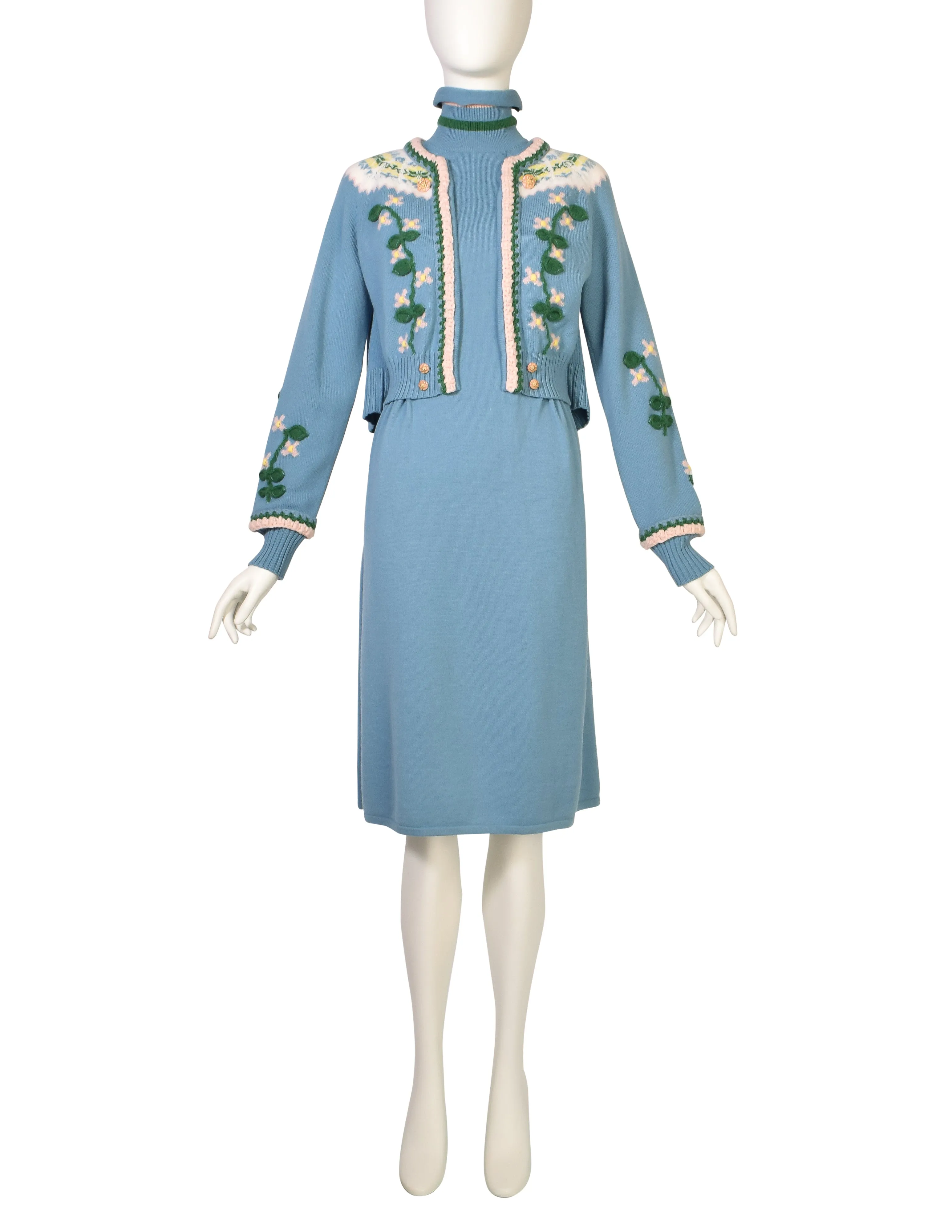 Chanel PF 2015 Runway Baby Blue Floral Knit Wool Cardigan Sweater Dress