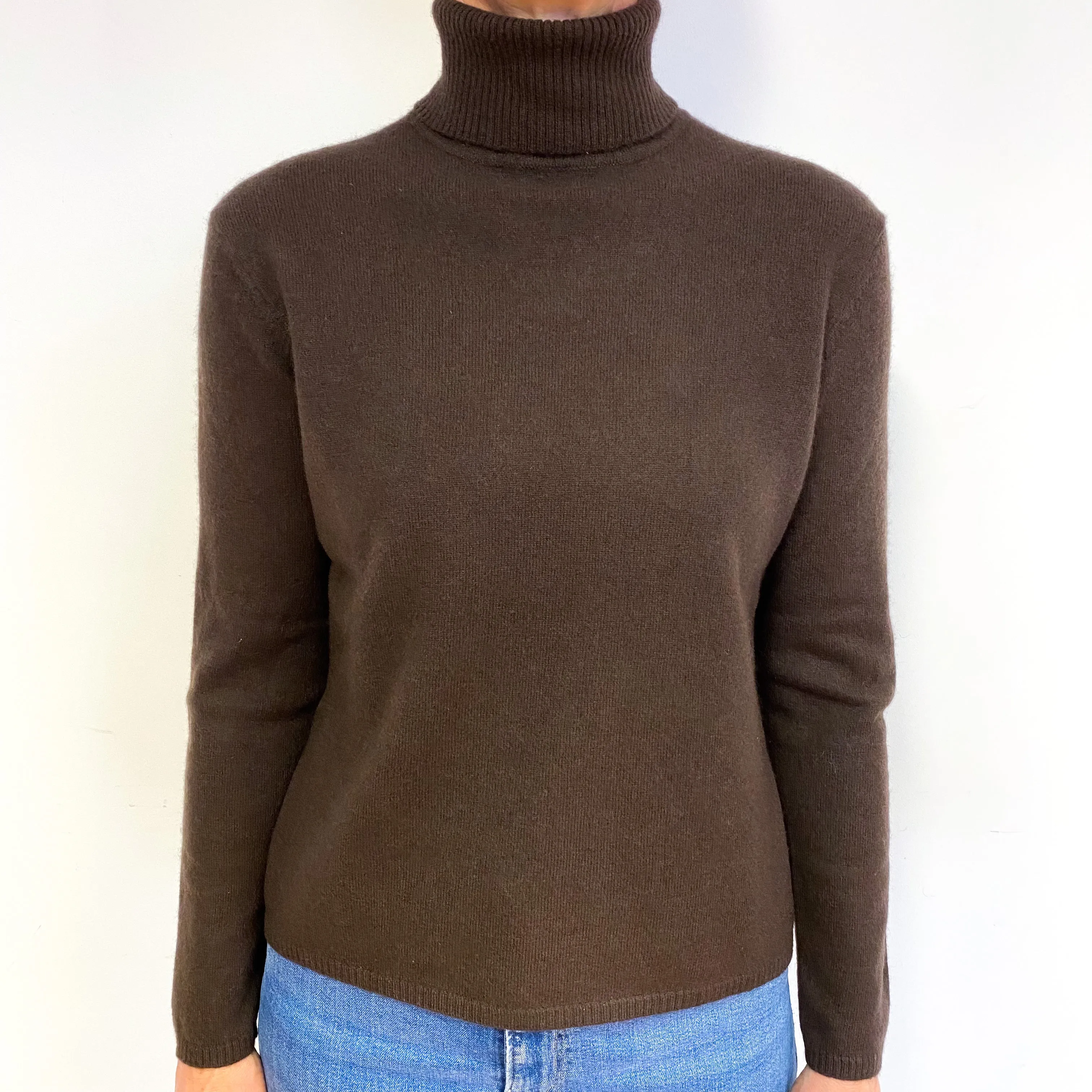 Chocolate Brown Cashmere Polo Neck Jumper Medium