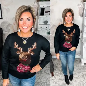 Christmas Rudolph Sequin Sweater - Black