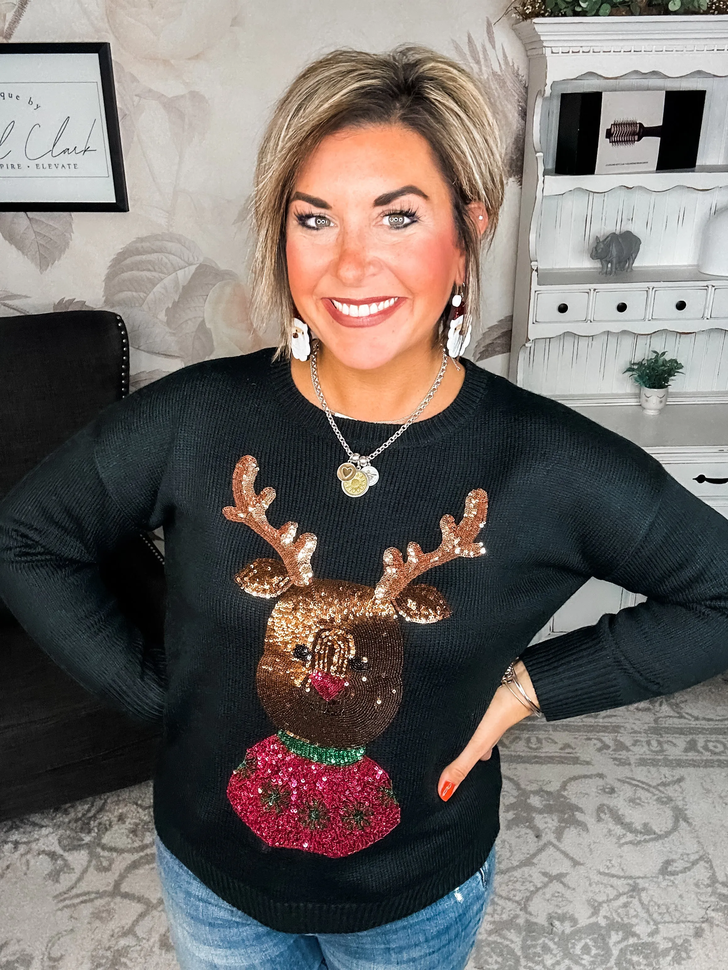 Christmas Rudolph Sequin Sweater - Black