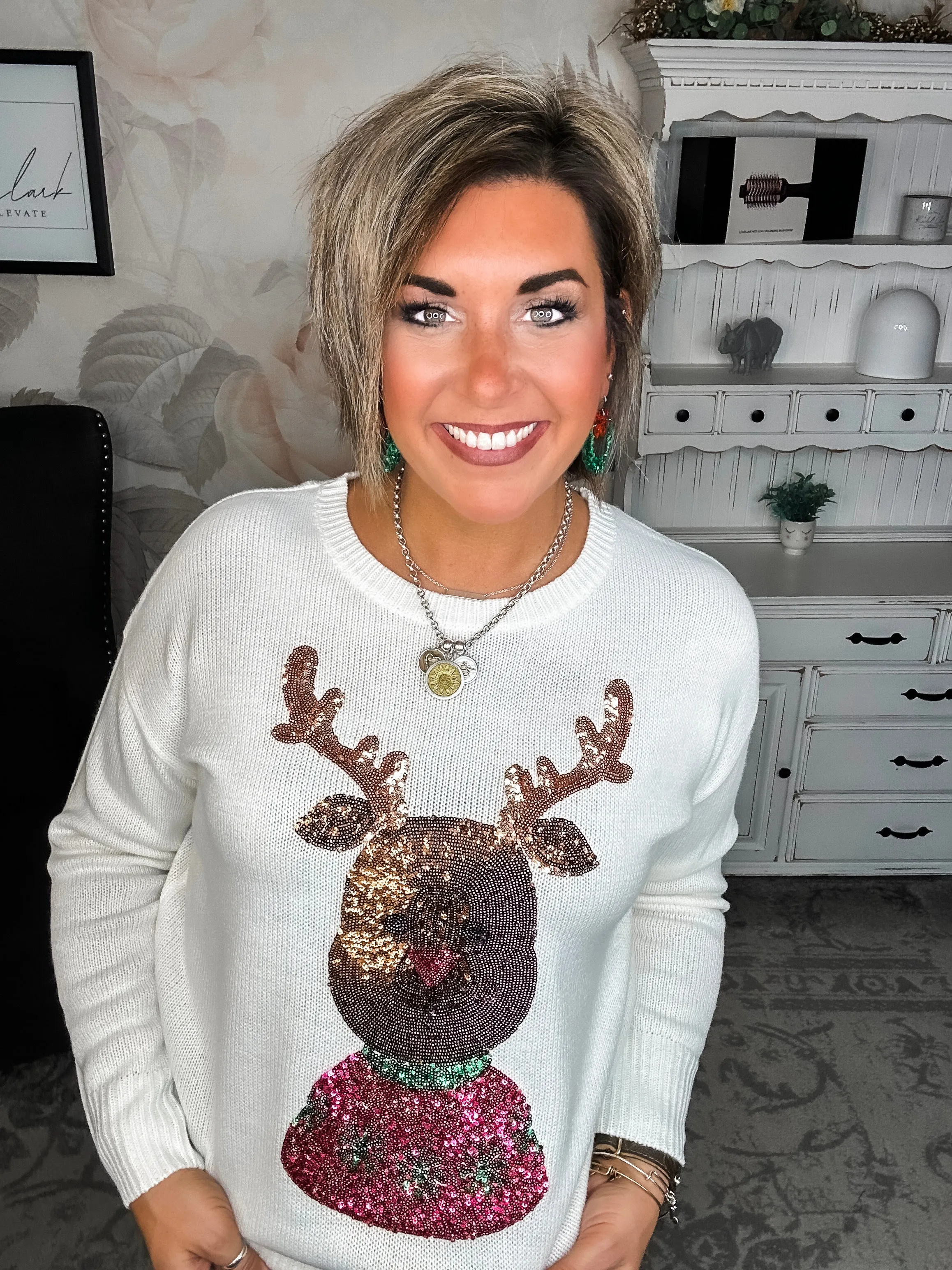 Christmas Rudolph Sequin Sweater - Ivory