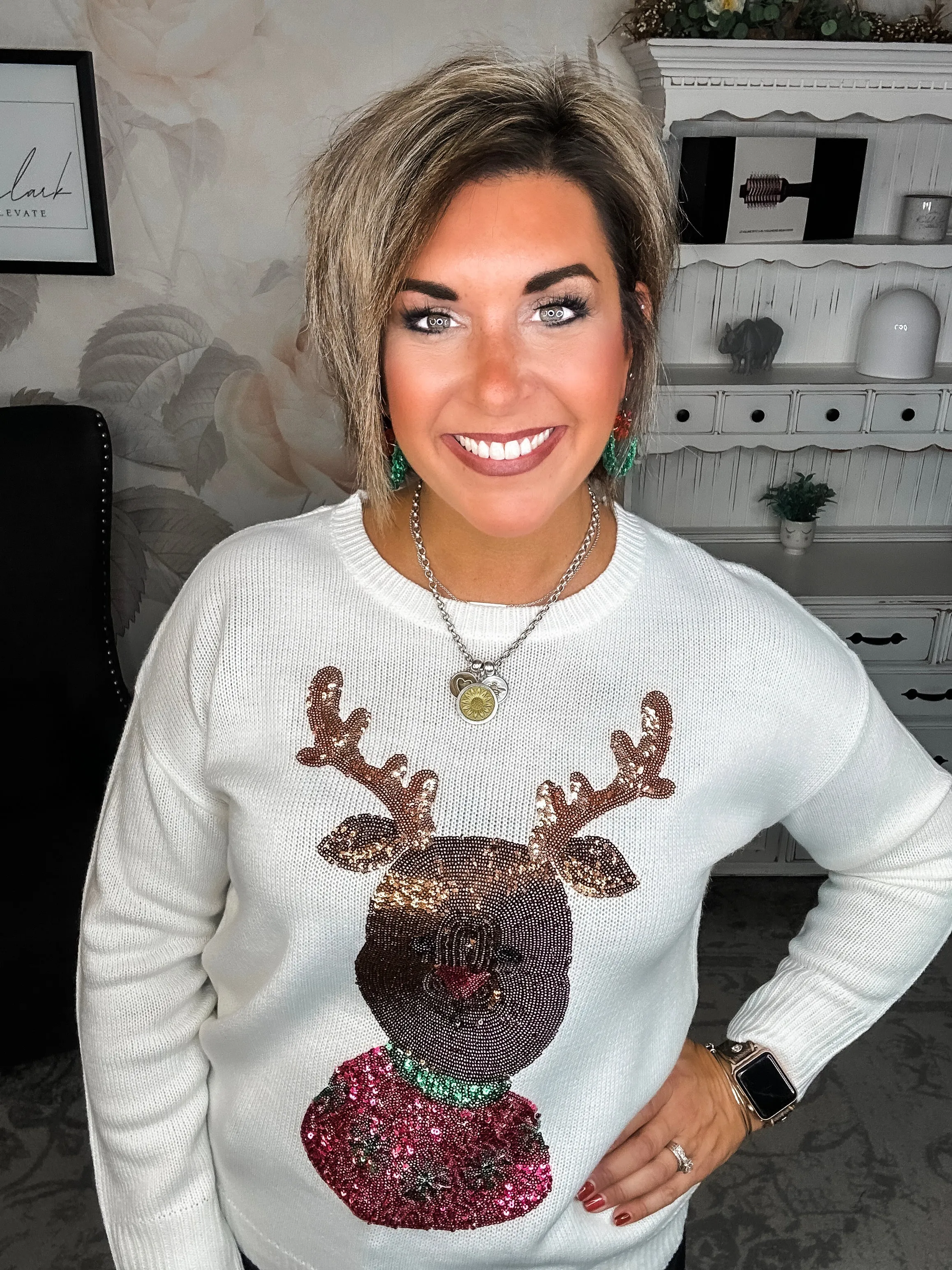 Christmas Rudolph Sequin Sweater - Ivory