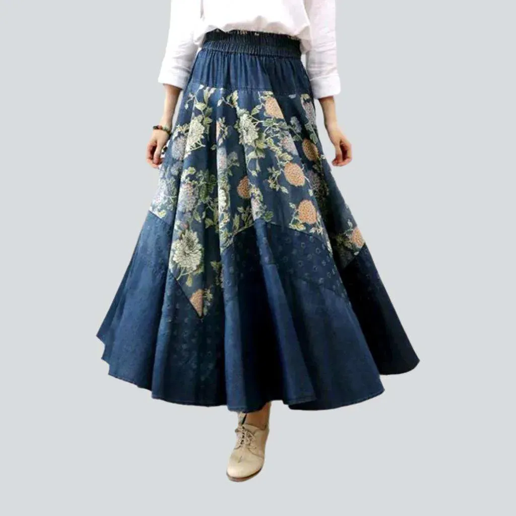 Color flowers print denim skirt