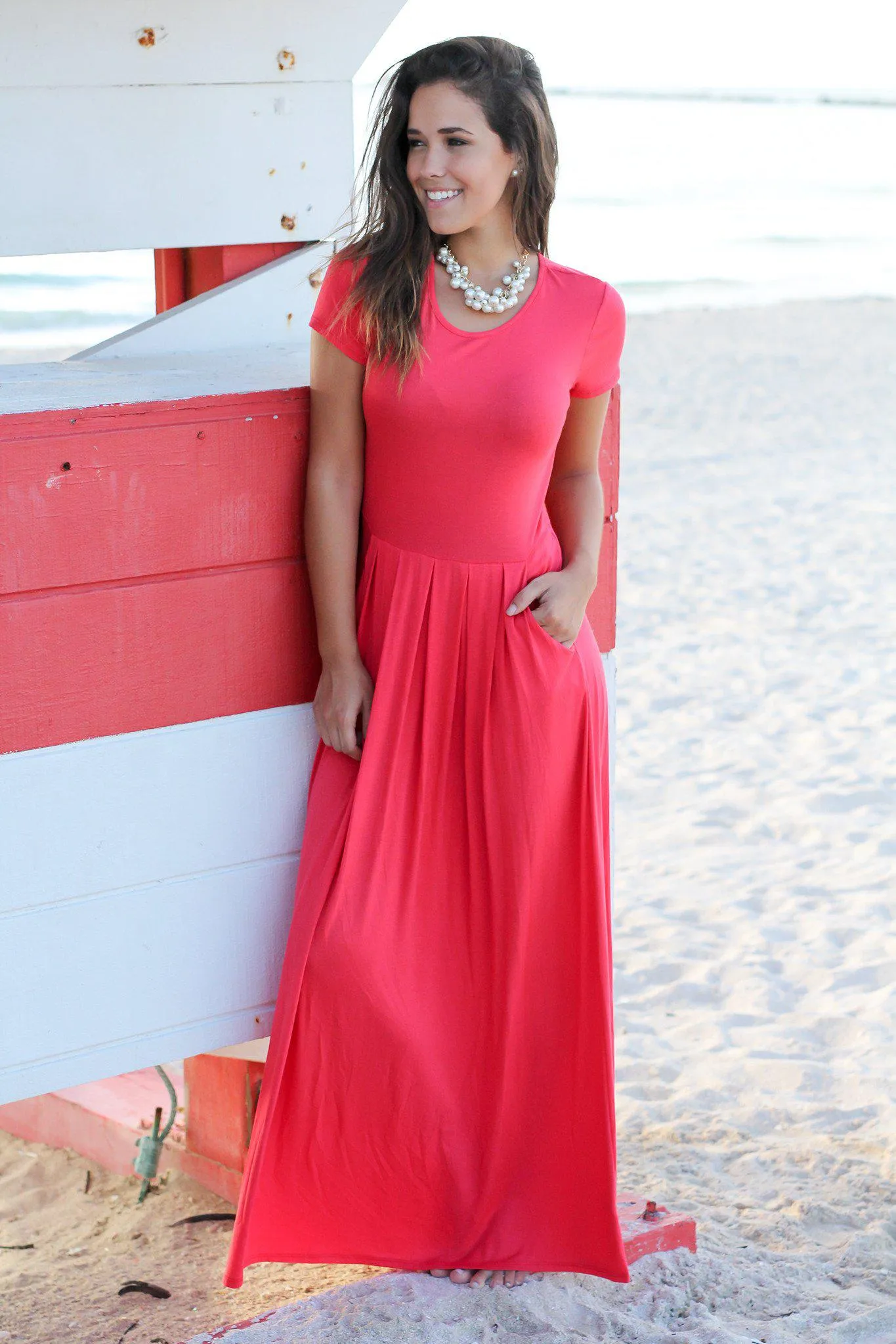 Coral Pleated Maxi Dress with Pockets