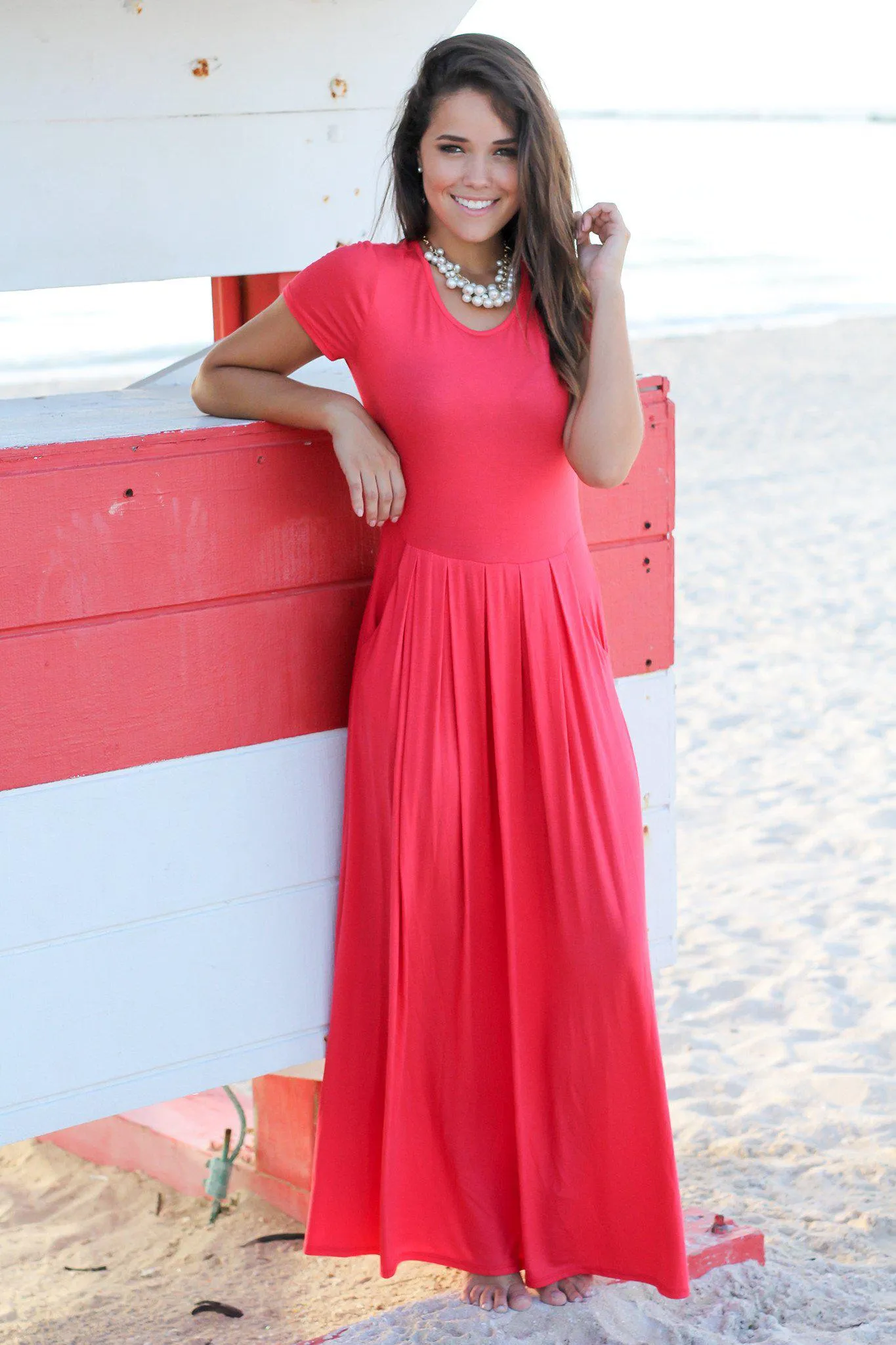 Coral Pleated Maxi Dress with Pockets