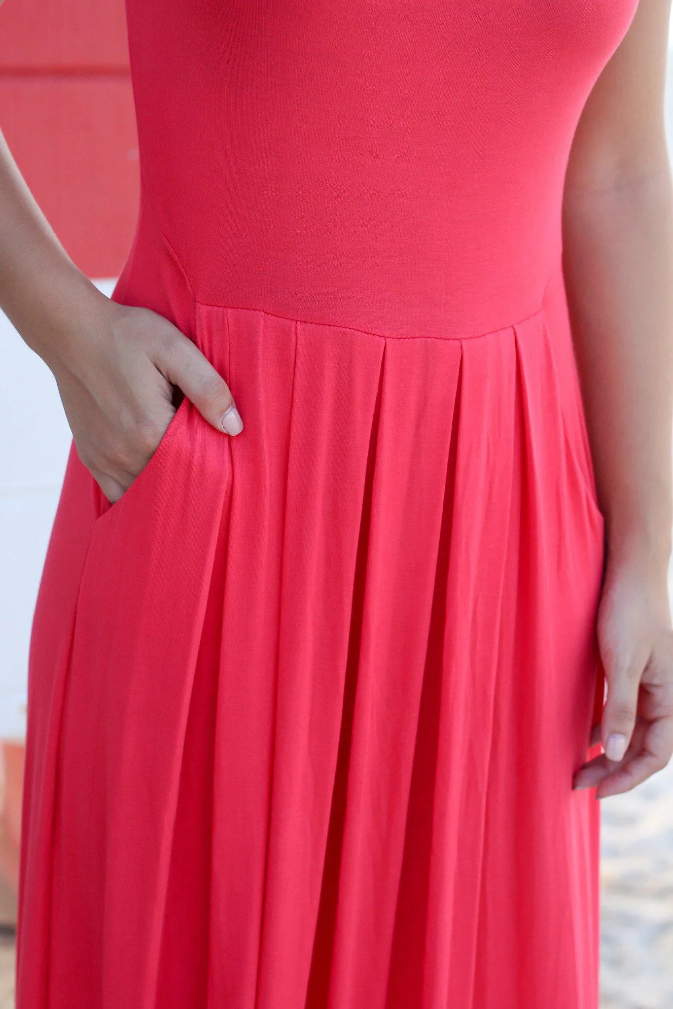 Coral Pleated Maxi Dress with Pockets