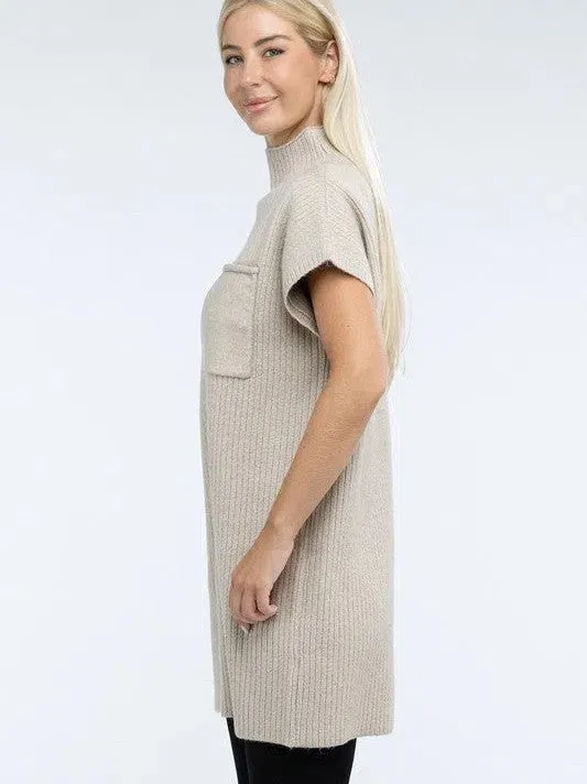 Crafted for Comfort Mock Neck Short Sleeve Sweater Dress with Pocket