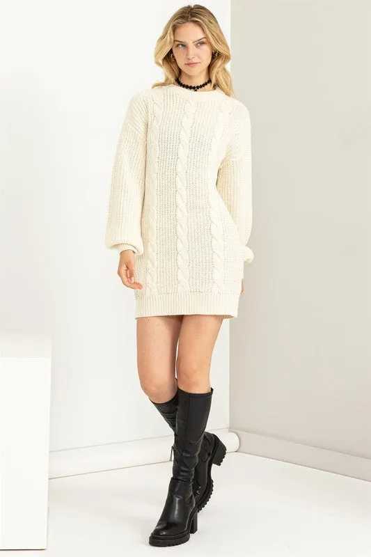 Cream Cable-Knit Ribbed Mini Sweater Dress