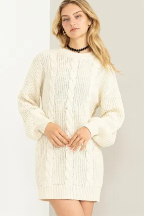 Cream Cable-Knit Ribbed Mini Sweater Dress