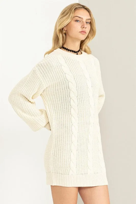 Cream Cable-Knit Ribbed Mini Sweater Dress