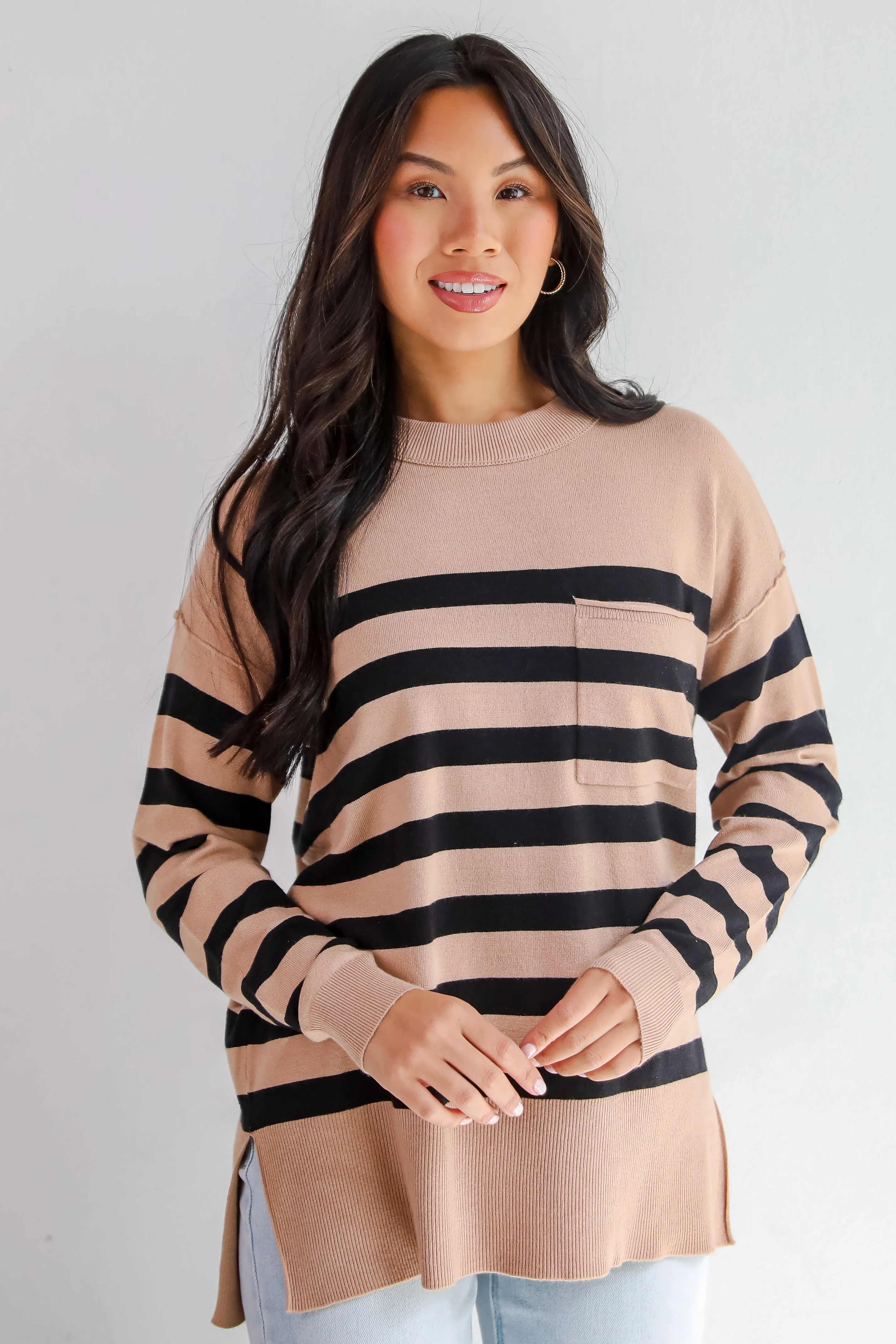 Cuddled Up Days Camel Striped Sweater