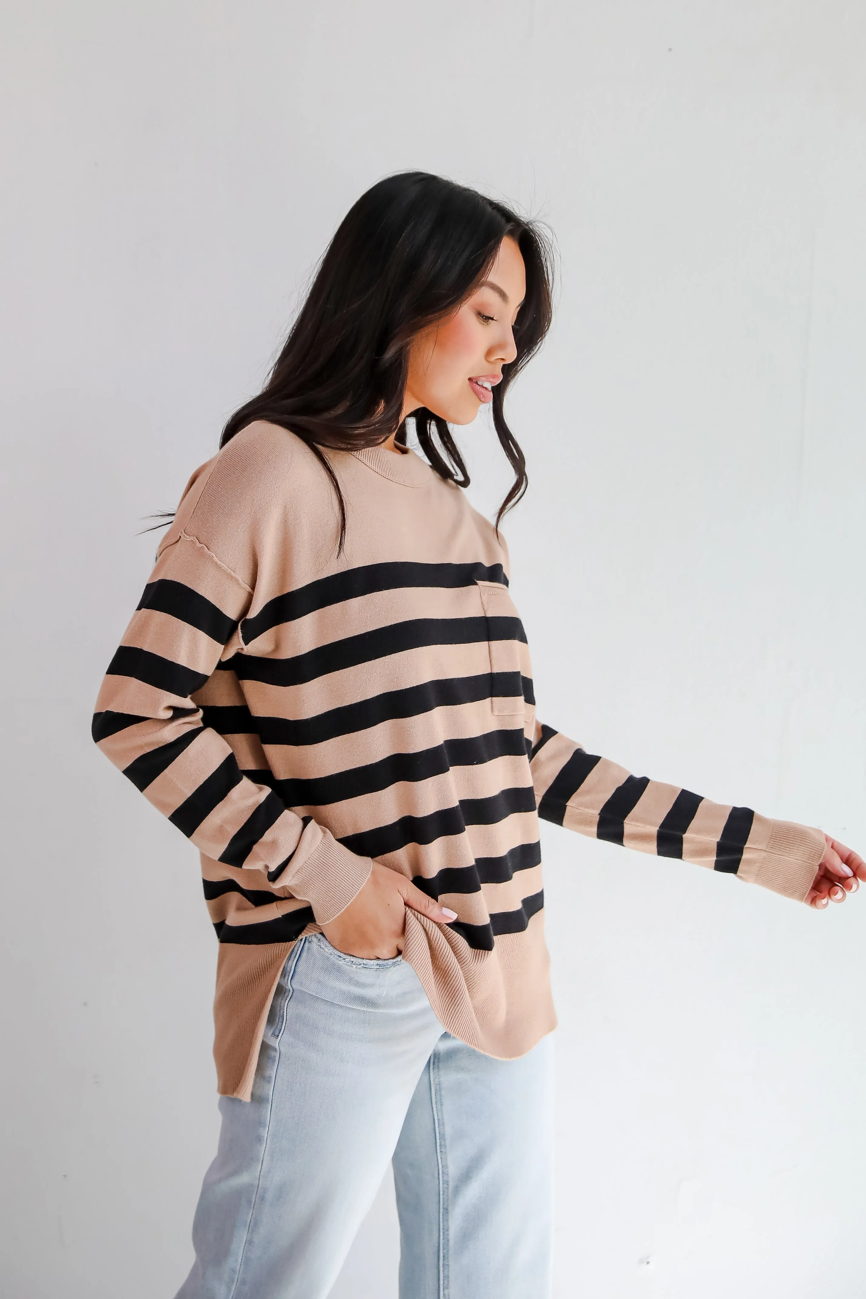 Cuddled Up Days Camel Striped Sweater