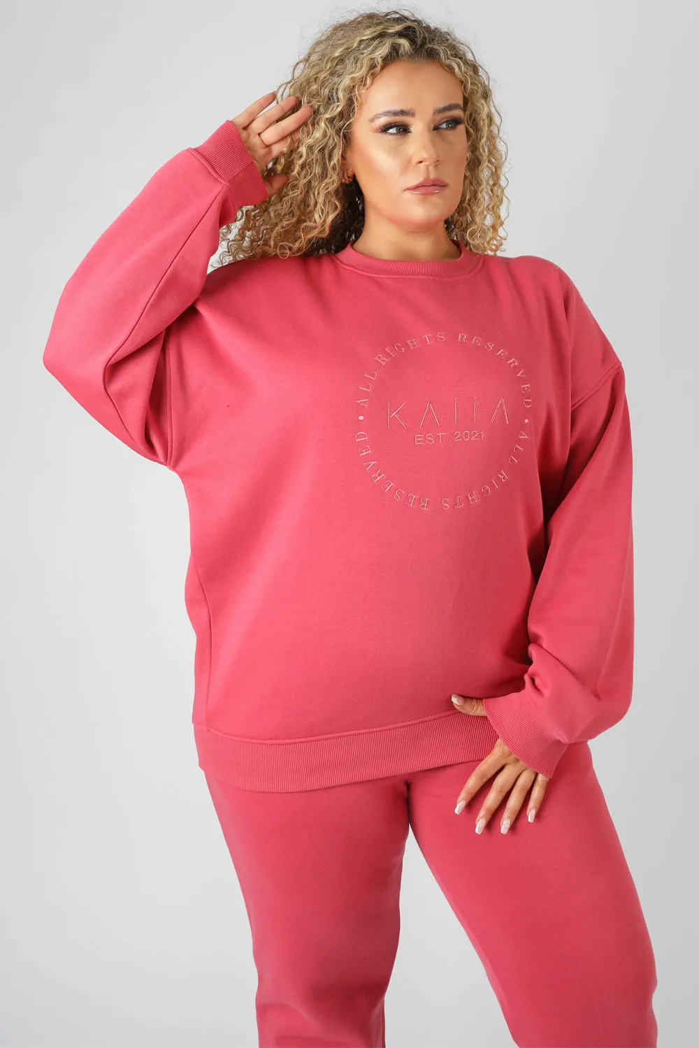 Curve Tonal Embroidery Sweatshirt Coral