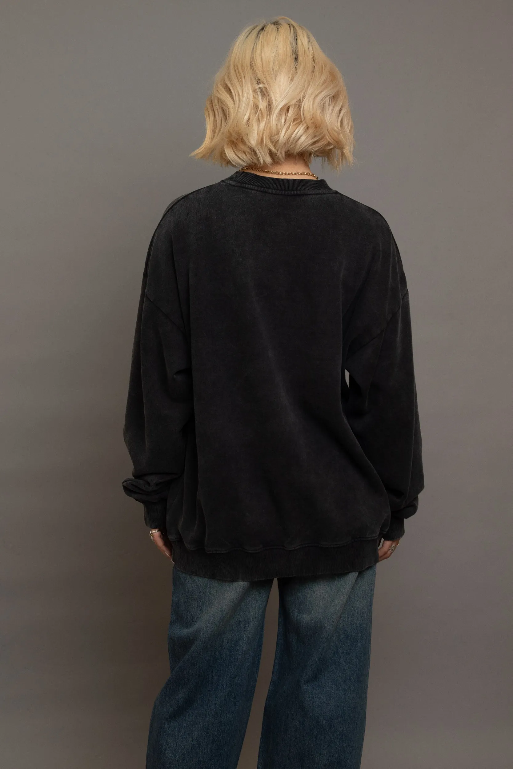 Daisy Street - Black Speckle Wash Dyed Sweater with LA Embroidery