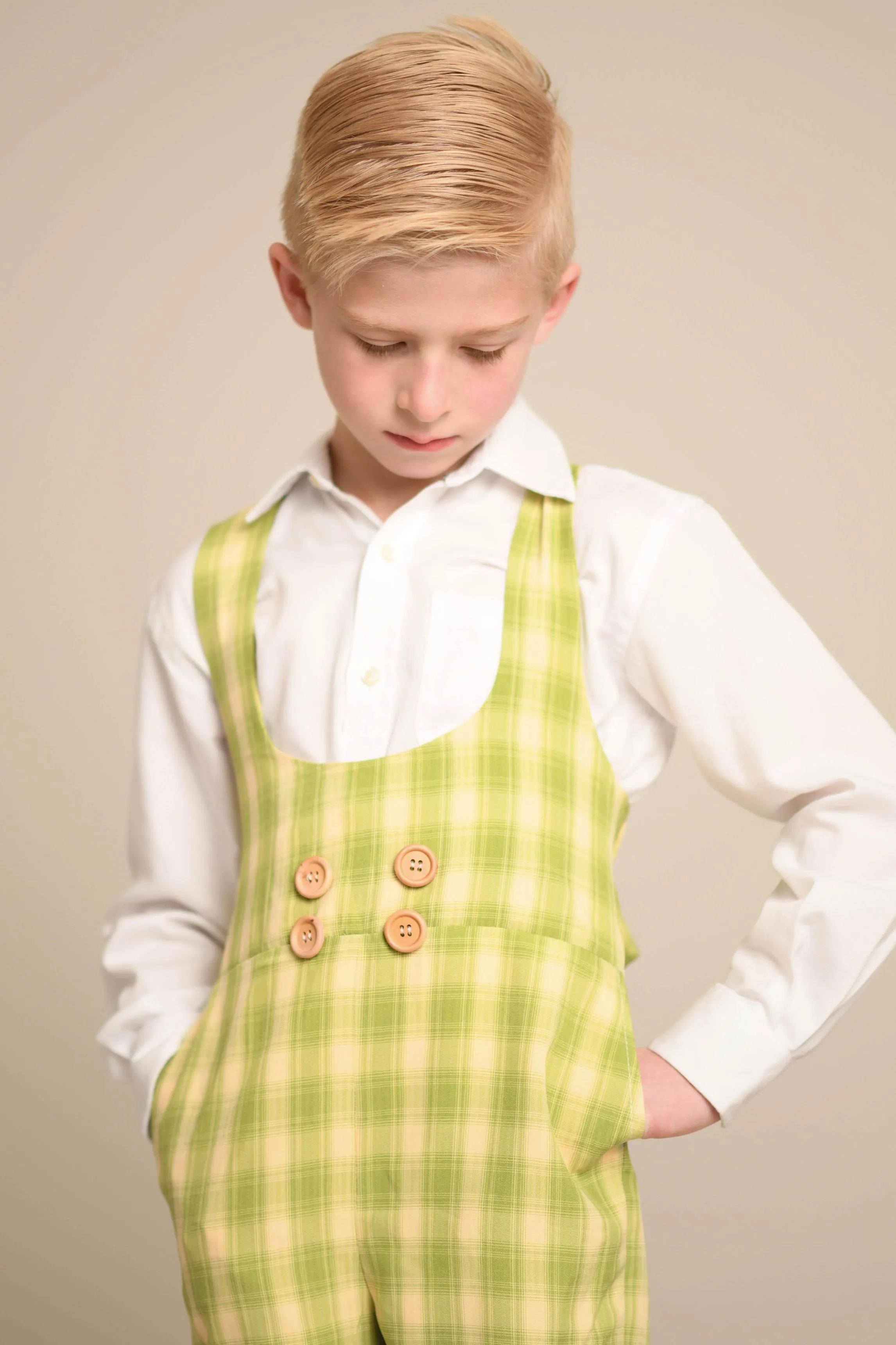 Dapper: Suspender Adventure Set-Includes 4 boys sets (2 pair of yellow plaid shorts/vest)   (2 pair of Green plaid shorts/vest )( 5 Year - Petite 9 Year)