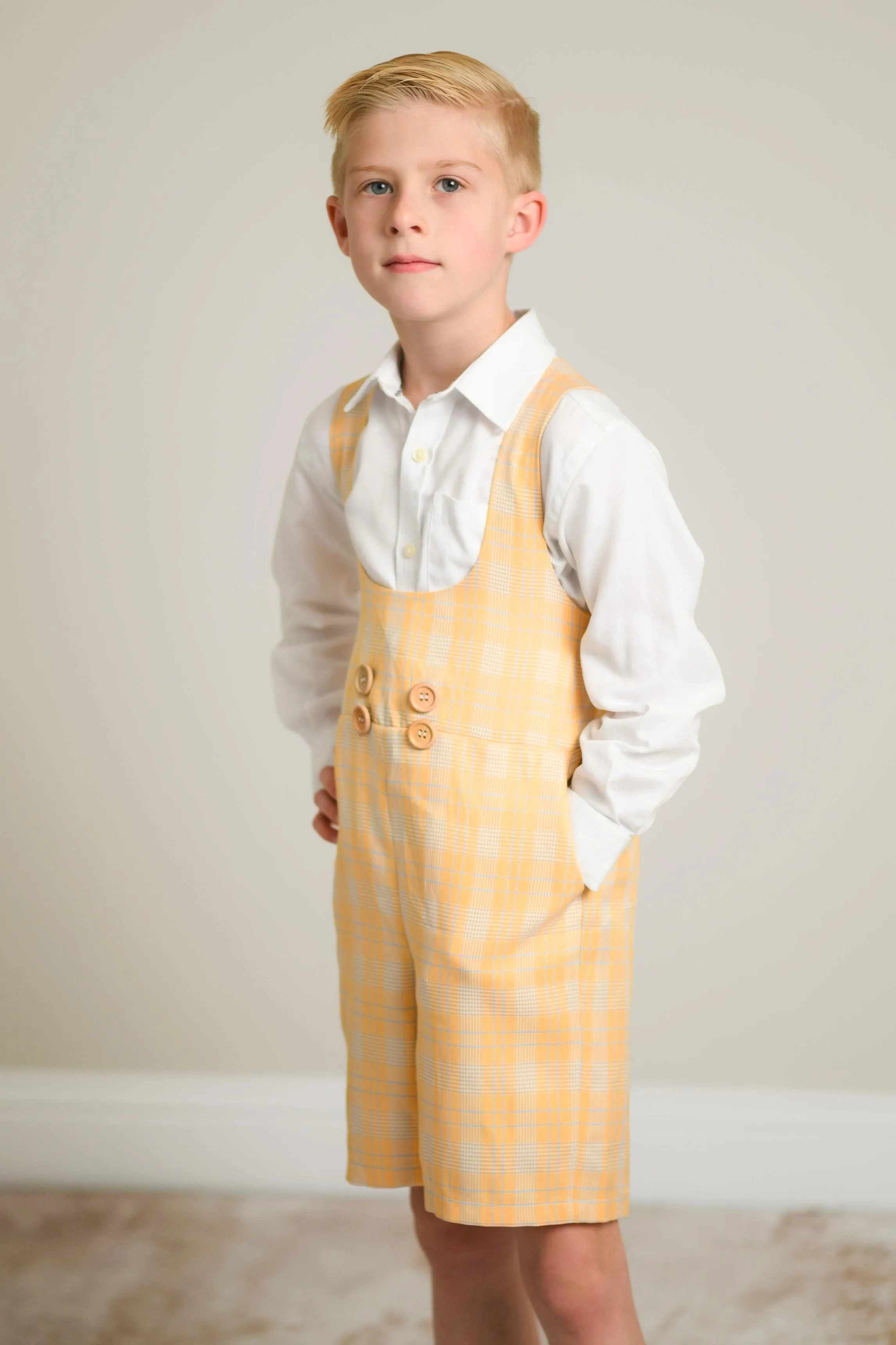 Dapper: Suspender Adventure Set-Includes 4 boys sets (2 pair of yellow plaid shorts/vest)   (2 pair of Green plaid shorts/vest )( 5 Year - Petite 9 Year)