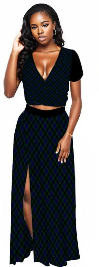 Dark Triad Plaid Women's V-Neck Top and Skirt Set