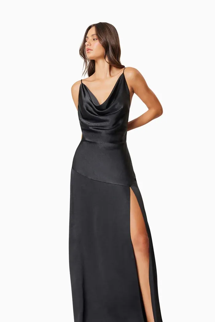 Drape Neck Satin Maxi Dress - Black