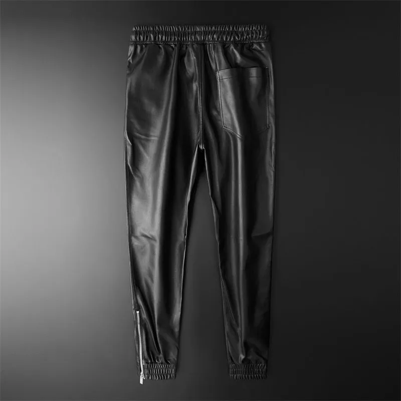 Elastic Waist Black Leather Jogger Pants