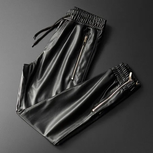 Elastic Waist Black Leather Jogger Pants