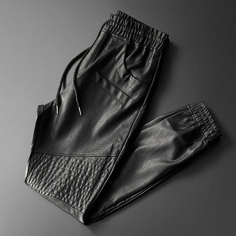 Elastic Waist Black Leather Jogger Pants