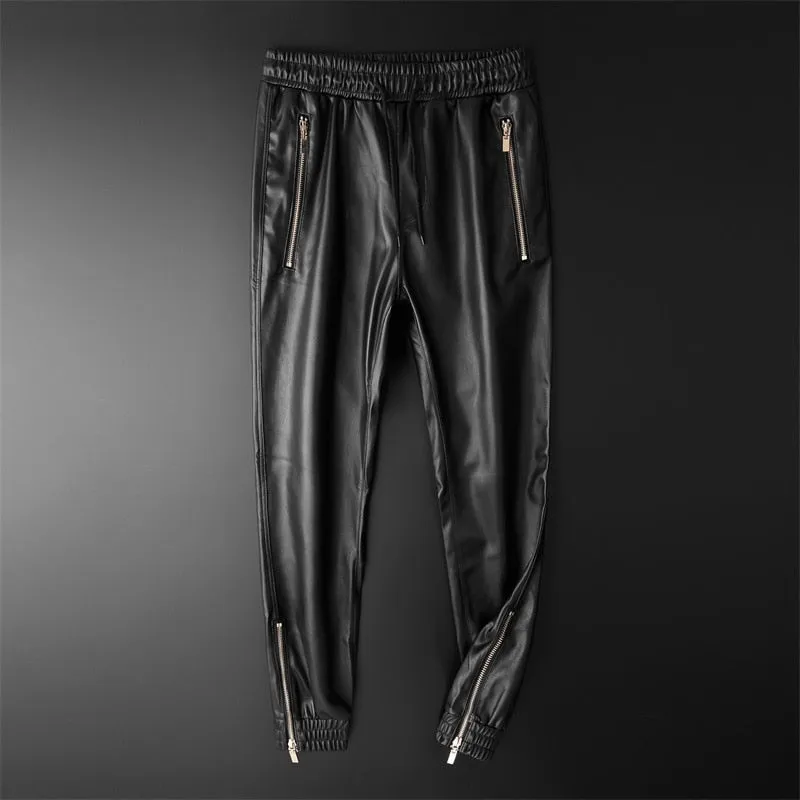 Elastic Waist Black Leather Jogger Pants