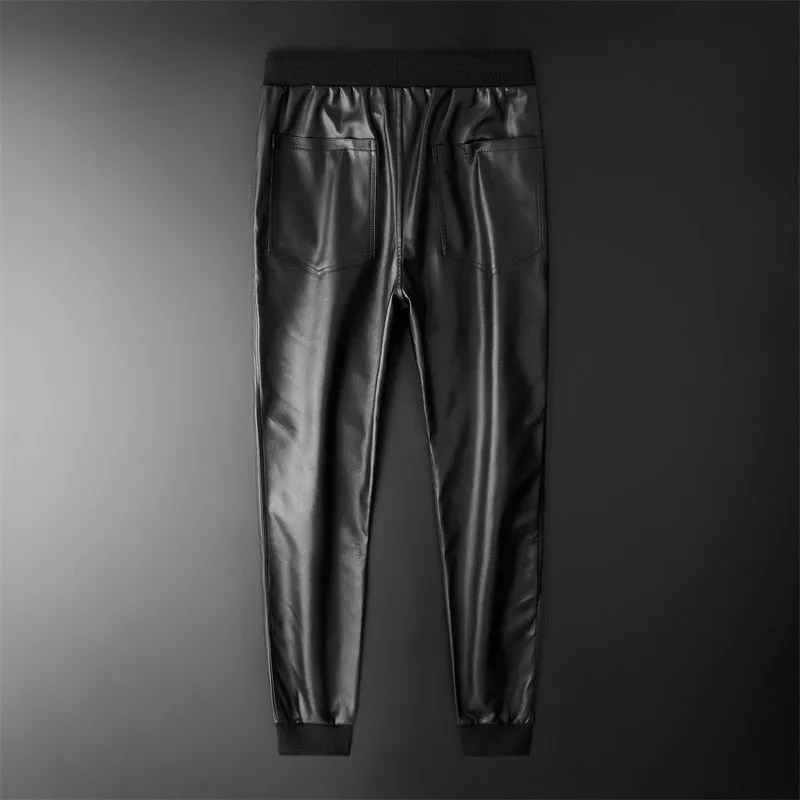 Elastic Waist Black Leather Jogger Pants