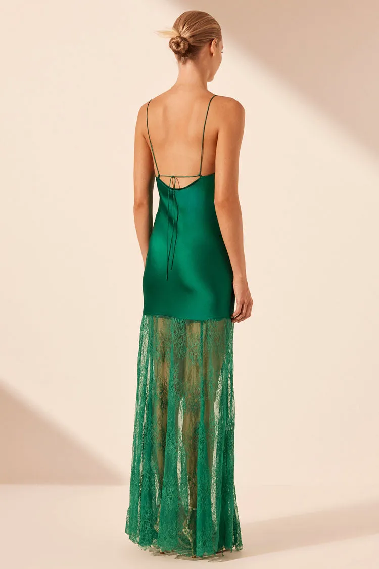 Elle Silk Lace Cowl Maxi Dress in Emerald