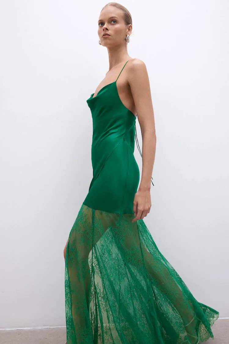 Elle Silk Lace Cowl Maxi Dress in Emerald