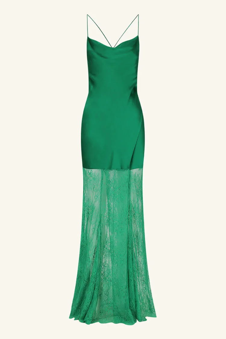 Elle Silk Lace Cowl Maxi Dress in Emerald