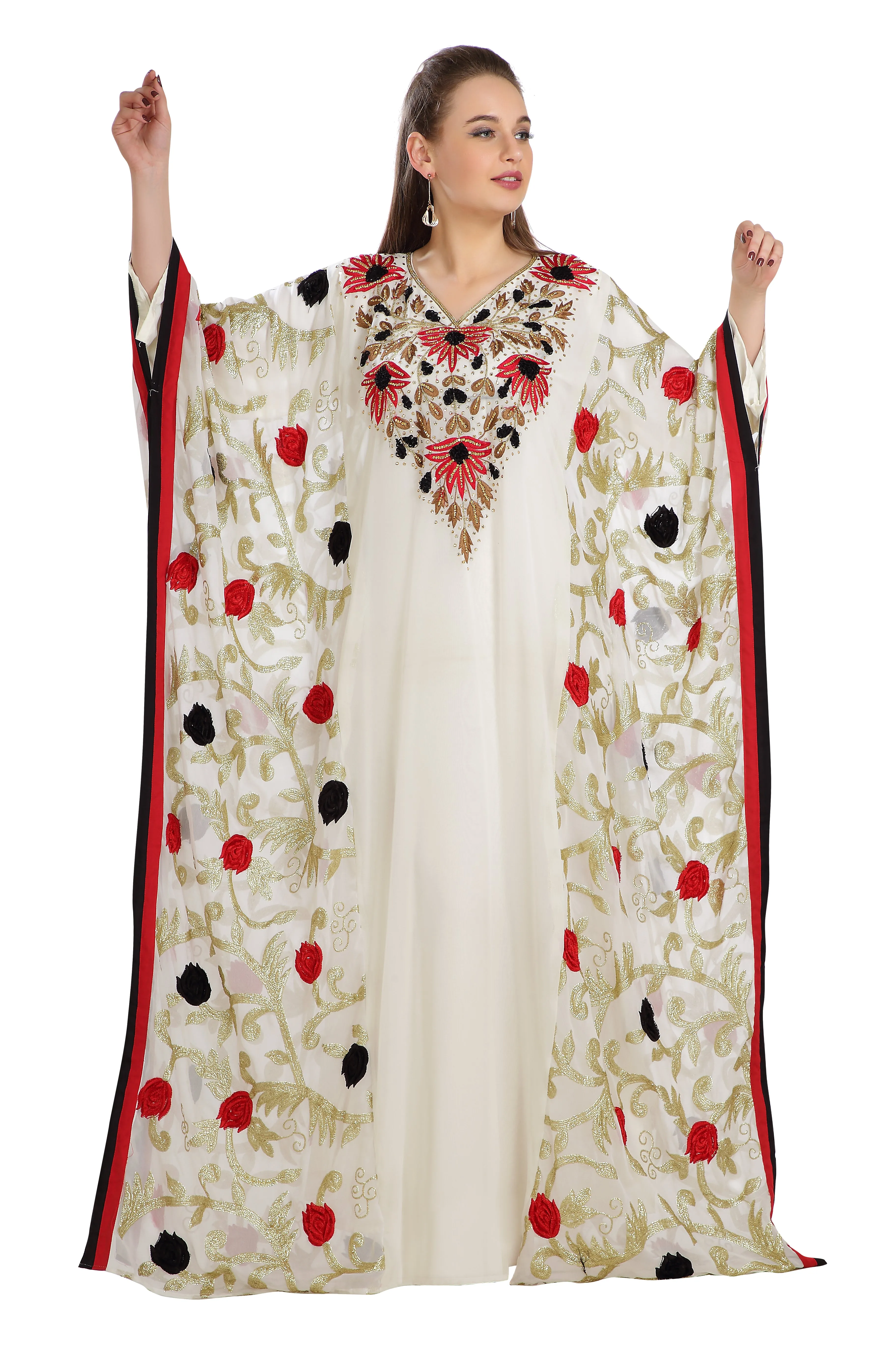 Embroidered Farasha Maxi in Red and Black Flowers