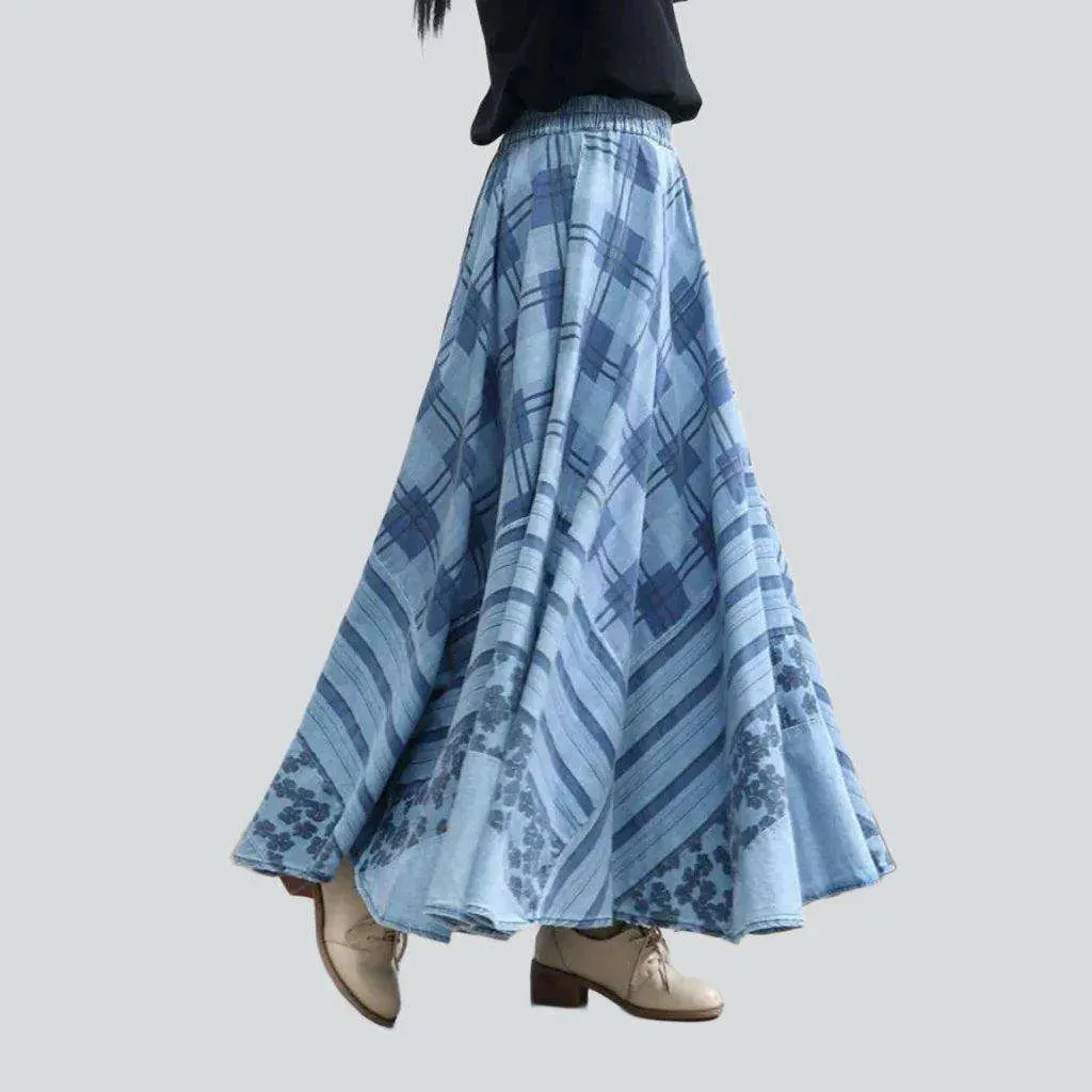 Embroidered flare maxi denim skirt