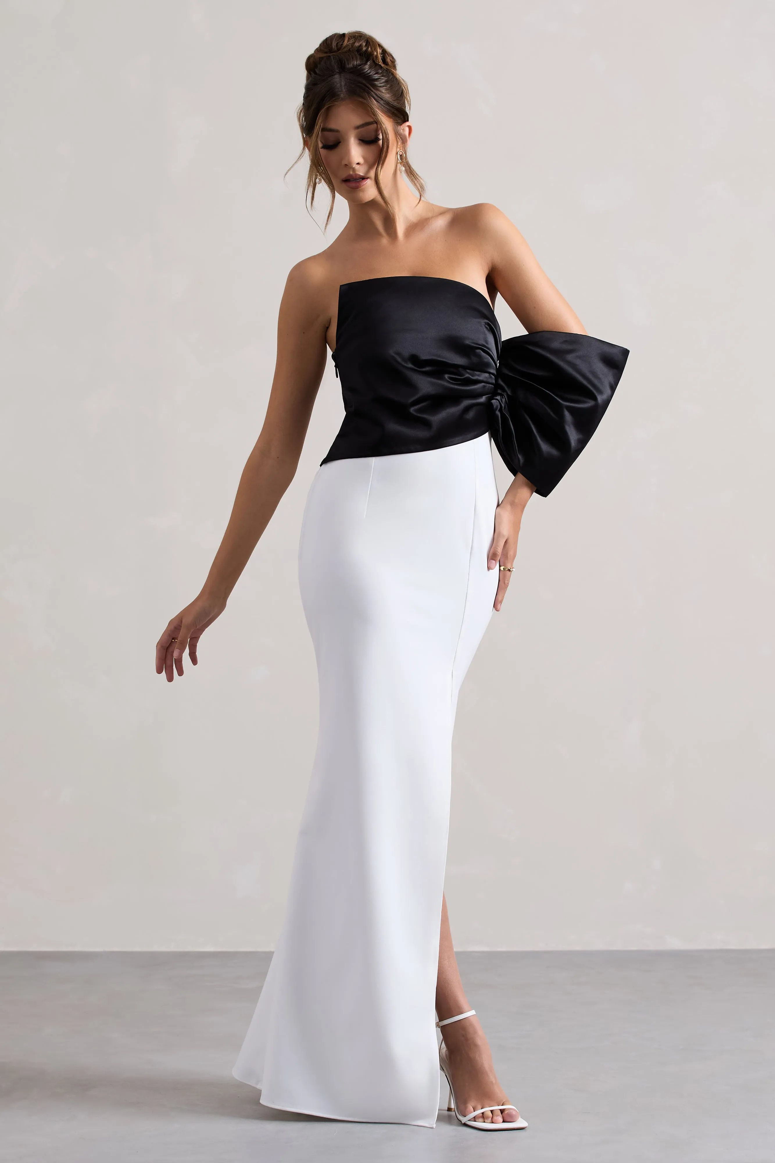 Envision | Black & White Asymmetric One-Sleeve Split Maxi Dress