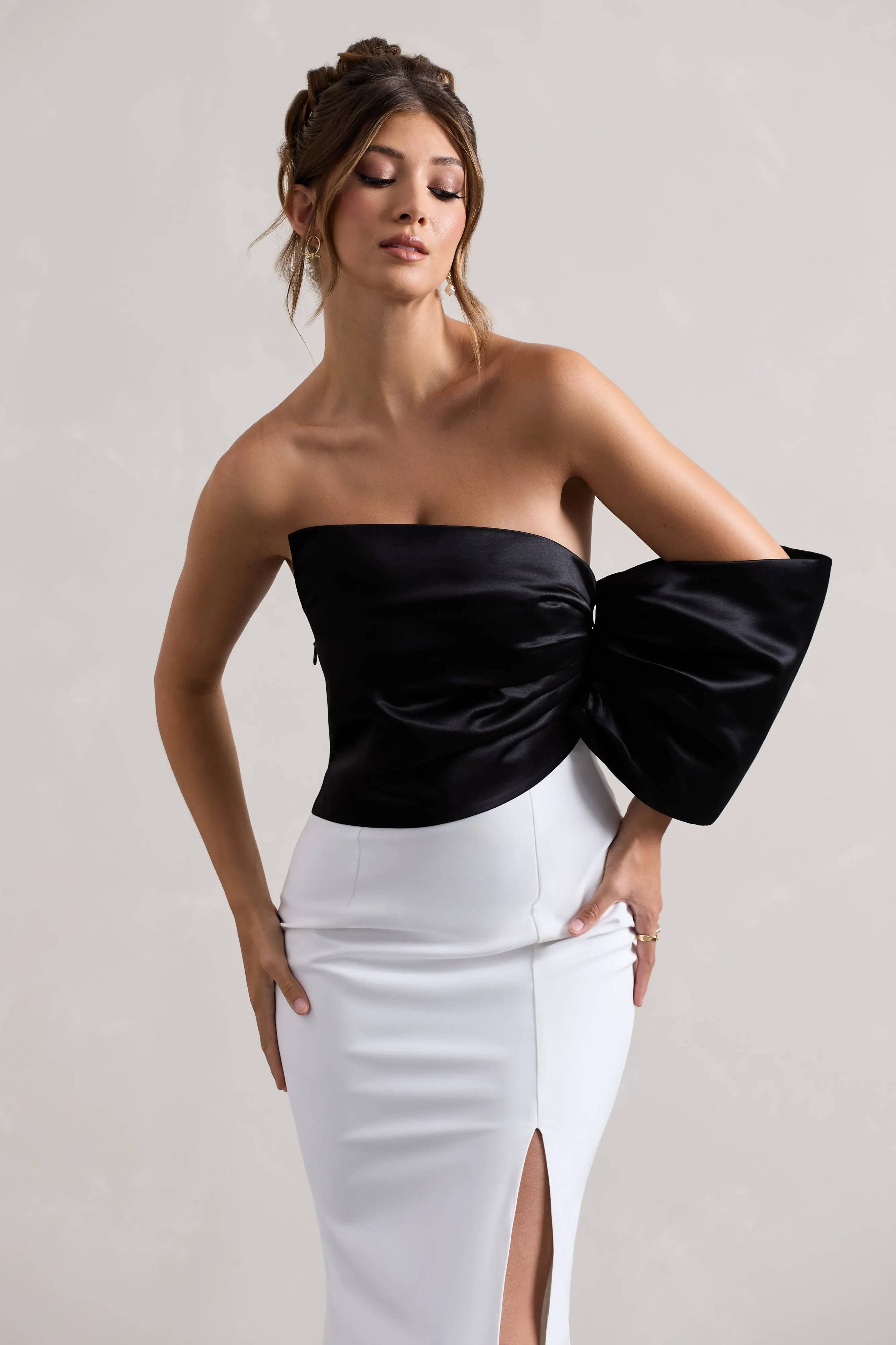 Envision | Black & White Asymmetric One-Sleeve Split Maxi Dress