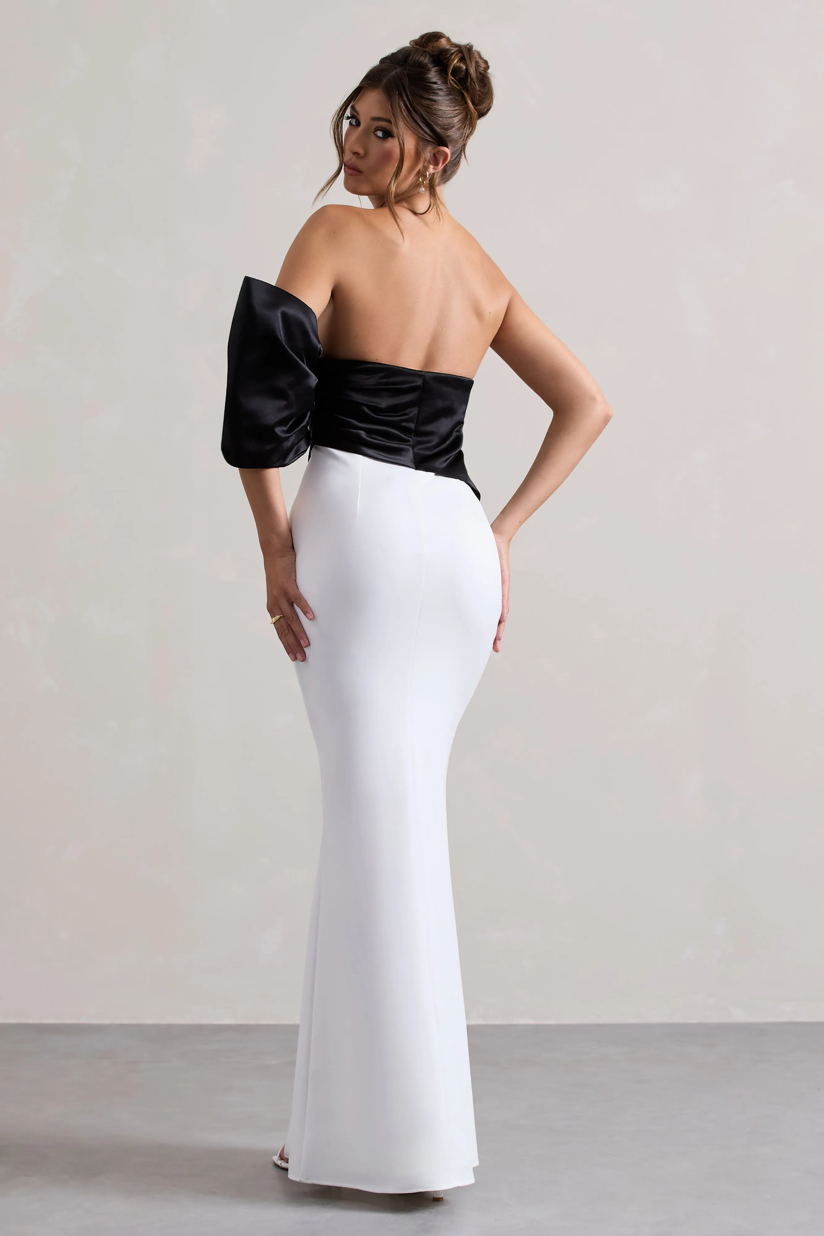 Envision | Black & White Asymmetric One-Sleeve Split Maxi Dress